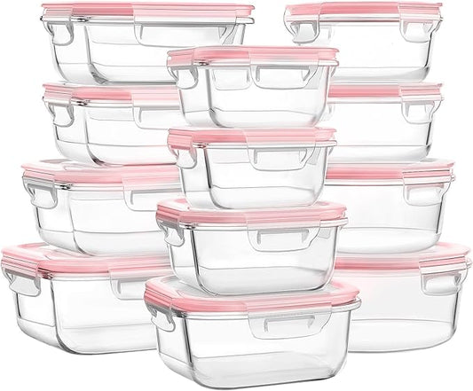 Glass Food Storage Containers with Lids, [24 Piece] Glass Meal Prep Container, Airtight Bento Boxes, BPA Free & Leak Proof (12 lids & 12 Containers) - Pink