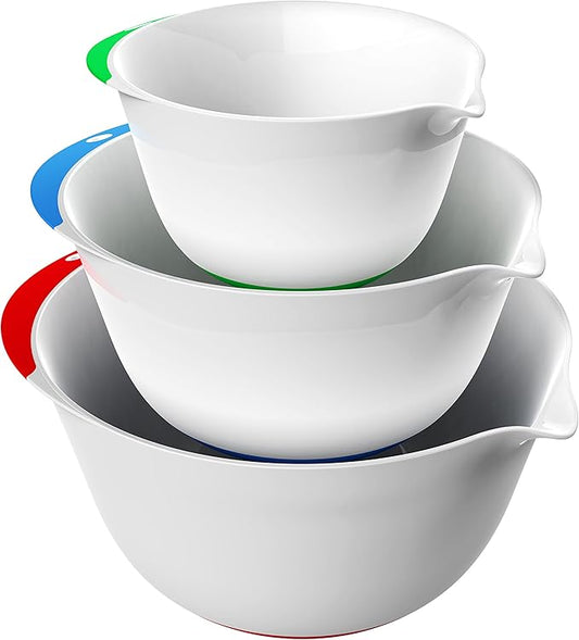 Vremi 3 Piece Plastic Mixing Bowl Set - Nesting Mixing Bowls with Rubber Grip Handles Easy Pour Spout and Non Slip Bottom - Three Sizes Small Large Capacity for Kitchen Baking or Salad - White Multi