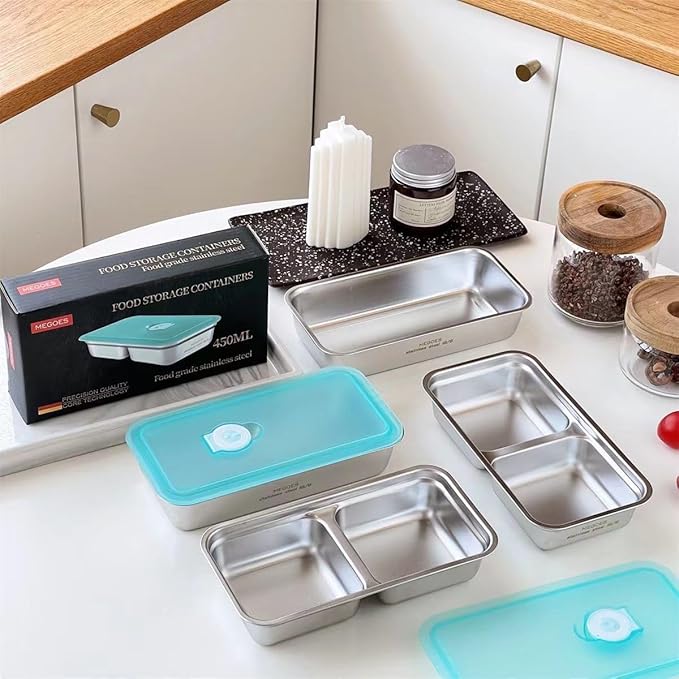 2pcs Grab and Go Snack Containers Stainless Steel, Reusable Snack Condiment Containers with Lids, Double Compartment Food Lunch Meal Container Prep for Travel, Small Packs Container