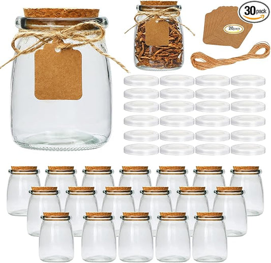 Brajttt Mini Yogurt Jars 30 Pack, 7 oz Glass Favor Jars with Cork Lids, Pudding Containers with Lids, Mason Jar Wedding Favors Honey Pot with Label Tags and String