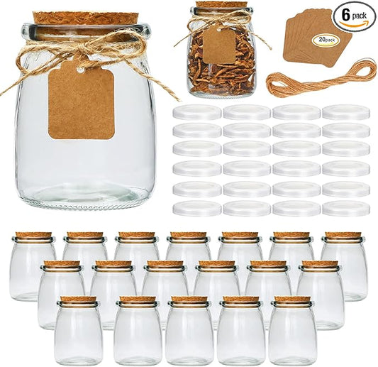 Brajttt Mini Yogurt Jars 6 Pack, 7 oz Glass Favor Jars with Cork Lids, Pudding Containers with Lids, Mason Jar Wedding Favors Honey Pot with Label Tags and String