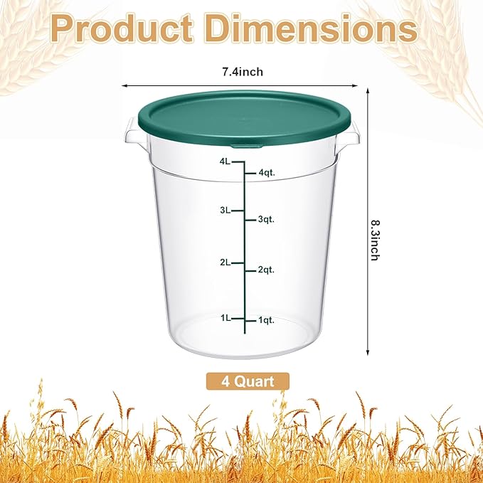Suclain 4 Pcs 4 Qt Food Storage Container Bucket with Lids Clear Proofing Containers for Dough Rise Bread with Scale Handle Round Flour Commercial Storage Bucket for Home Restaurant Food(Multicolor)
