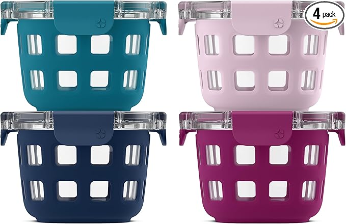 Ello Duraglass 4-Pack 2 Cup Reusable Glass Container Jar with Leak Proof Lids and Protective Silicone Sleeves | Perfect for Overnight Oats, Yogurt | BPA-Free | Dishwasher Safe | Evening Orchard