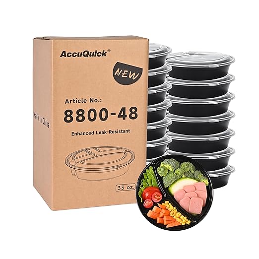 48 Pack Meal Prep Containers, 33 OZ Round Bento Box, 3 Compartment Divided Food Storage Durable Stackable Reusable, BPA Free, For Microwave, Dishwasher, Freezer（48 Trays & 48 Lids）