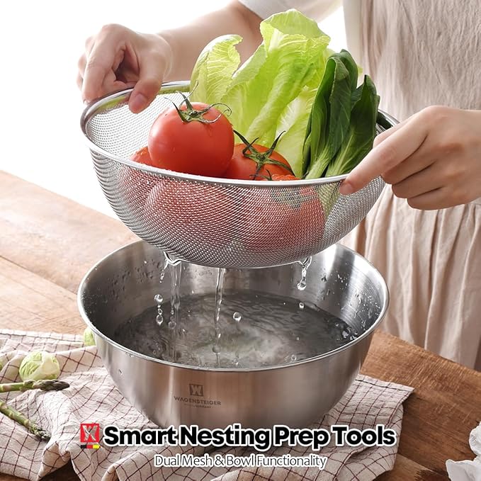Stainless Steel Mixing Bowl and 3-Legged Colander Set, Multipurpose Kitchen Basket with Fine Mesh Colander, Salad Mixing Bowl with Strainer, Rinsing Vegetables & Fruits (22cm / 8.66")