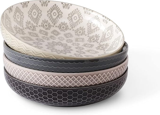 Signature Housewares 26 OZ Shallow Dinner Bowls/Deep Plates Perfect for Spaghetti and Salads - Set of 4 - Large Ceramic Bowls - Colorful Pasta Bowls - Set of 4, Multi-tone Neutral