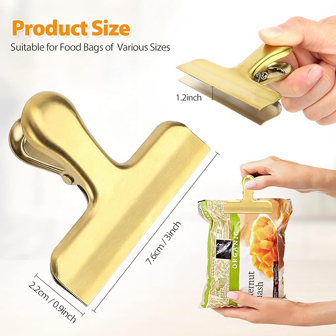 Pack of 8 Heavy Duty Metal Bag Clips, Stainless Steel, Tightly Seals Chip, Coffee, Bread or Cereal Bags to Keep Food Fresh, for Home, Kitchen, Office, Pantry, Camping (Gold)