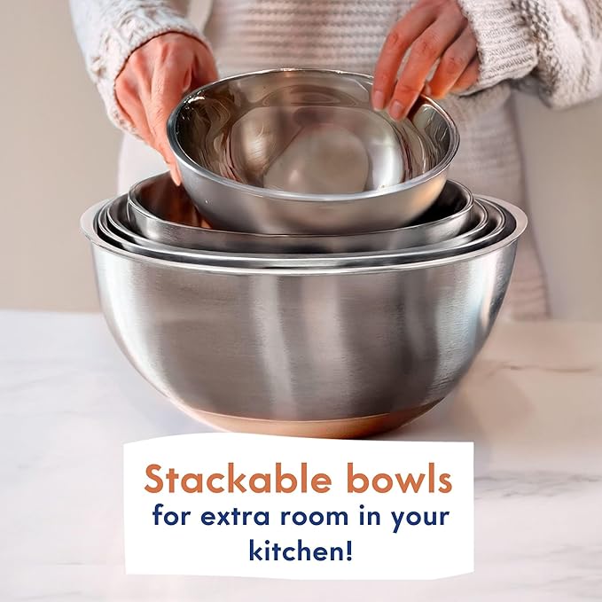 Ziruma Non-Toxic Mixing Bowls with Lids Set, Stainless Steel & Glass, 5 Pcs Plastic Free Bowls with Silicone Non-Slip Base, Dishwasher Safe Mixing Bowl Set