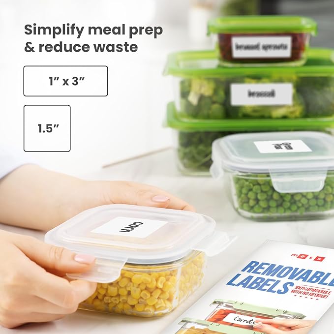 MESS Removable Food Labels for Containers (96-Pack) 1x3" & 1.5" Erasable Kitchen Labels for Organizing, Freezer & Fridge, White Dry Erase Labels for Jars