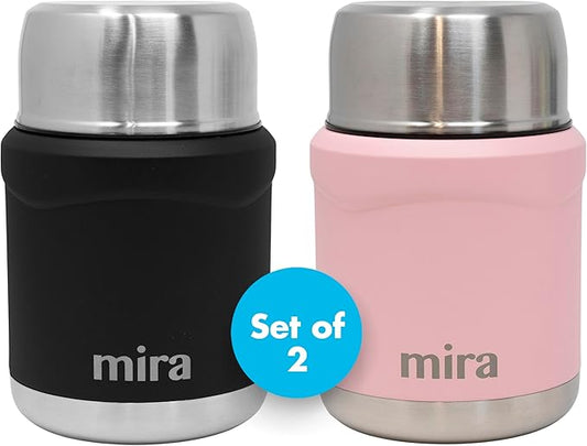 MIRA 2-Pack Food Thermos Set (15 oz) for hot and cold foods - Insulated Stainless Steel Containers with Spoons - Black & Rose Pink