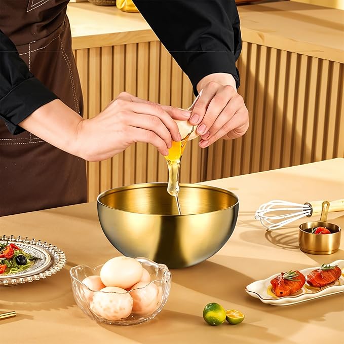10Pcs Gold Mixing Bowls, Stainless Steel Gold Esthetician Bowls, 5.9Inch Dessert Serving Facial Bowl for Wedding Party Baking Prepping Serving Food Facial Salad Fruit Snack Soup Cereal
