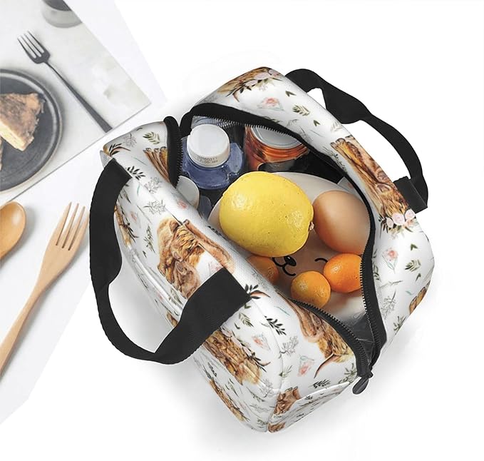 Highland Cow Lunch Box Farmhouse Cow Insulated Lunch Bag for Kids Women Men Reusable Cooler Rustic Country Lunch Tote Bag with Front Pocket for Girls Boys Students School Office Picnic Travel