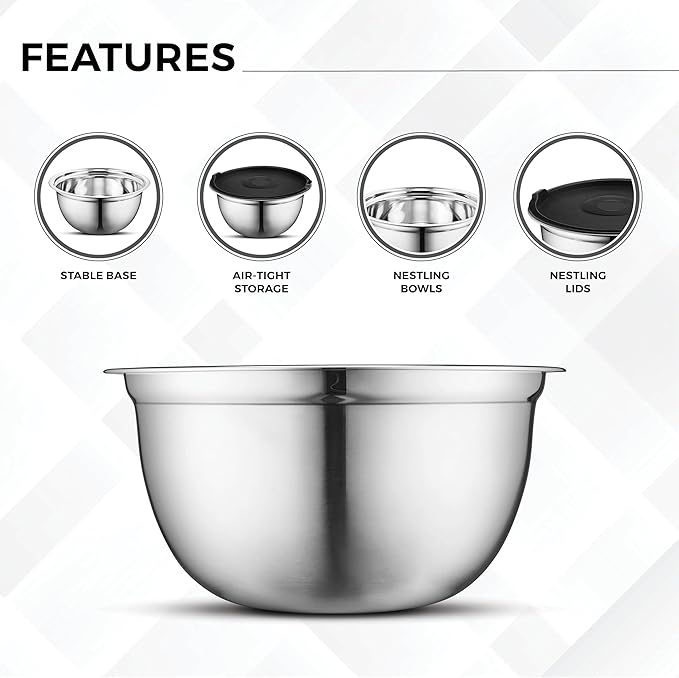 AVADOR Premium Stainless Steel Mixing Bowls, Set of 7 Brushed Stainless Steel Mixing Bowl Set, Easy To Clean, Space Saving, Great for Cooking, Baking, Prepping (7 pc mixing Bowl With Lids)