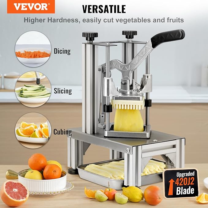 VEVOR Commercial French Fry Cutter with 4 Replacement Blades, 1/4" and 3/8" Blade Easy Dicer Chopper, 6-wedge Slicer and 6-wedge Apple Corer, Lemon Potato Cutter for French Fries with Extended Handle
