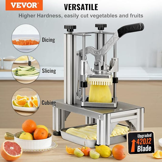 VEVOR Commercial French Fry Cutter with 4 Replacement Blades, 1/4" and 3/8" Blade Easy Dicer Chopper, 6-wedge Slicer and 6-wedge Apple Corer, Lemon Potato Cutter for French Fries with Extended Handle