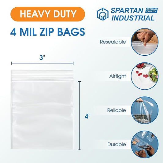 Spartan Industrial - 3” X 4” (1000 Count) 4 Mil Thick Clear Reclosable Zip Plastic Poly Bags with Resealable Lock Seal Zipper - Heavy Duty and Durable