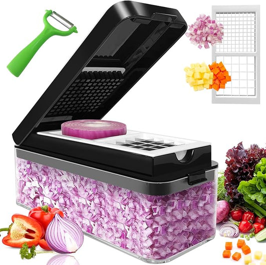 Vegetable Chopper, Onion Chopper Dicer, Mandoline Slicer, Food Chopper with Container, Vegetable Cutter for Salad Potato Carrot Garlic（2 Blades, Black White）