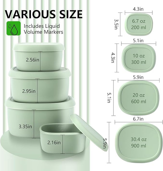 4Pcs Silicone Food Storage Containers with Lids，BPA Free Reusable Silicone Storage Containers for Food Freezer Containers Freezer Dishwasher Safe (33.8oz, 20oz, 10oz, 6.7oz) (green)