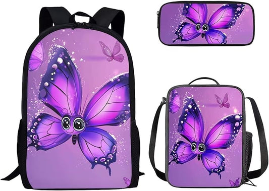Dolyues Cartoon Butterfly Girls Backpack Combo: 17 Inch Bookbag with Ergonomic Straps, Matching Lunch Bag & Sparkling Pencil Case - Ideal Gifts for School Girls