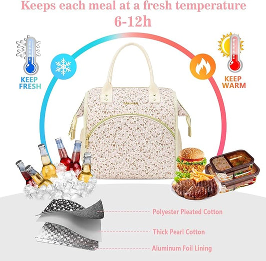 LOKASS Insulated Lunch Bag Women- Reusable 10 L Lunch Box for Women - Leakproof Tote Cooler Bag for Adults Work, Beach, Travel, Picnic （White Small Florals）