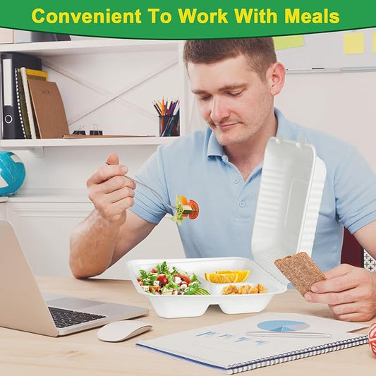 9x9 To Go Containers With Lids, 100 Pack Food Containers Disposable, Compostable Take Out Containers, 3-Compartment Heavy Duty Paper Container, Biodegradable Bagasse To Go Boxs For Food
