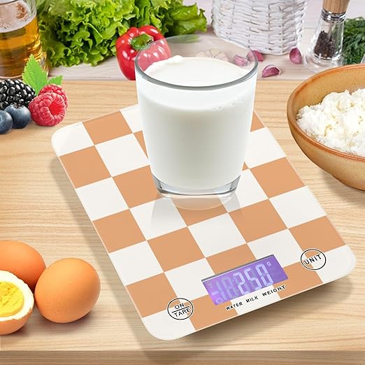 Food Scale Kitchen Scale for Baking Cooking Digital Food Weighing Measuring Scale Small Waterproof Electric Food Scale Checkered Orange and White