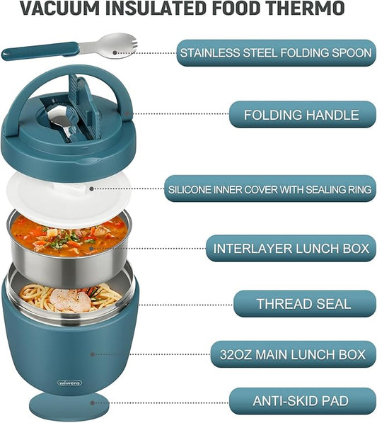 Thermo Food Jar for Hot Food Adults 32OZ Soup Thermo Lunch Containers Wide Mouth Vacuum Insulated Stainless Steel Leakproof Bento Box with Spoon (lake blue)