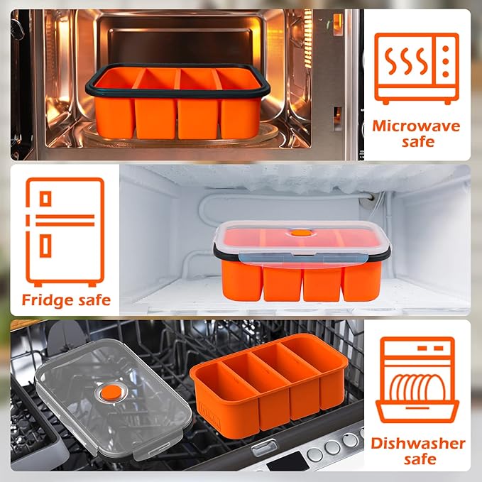 Webake Silicone Freezer Tray with Lid, Food Storage Container 1 Cup Portion, Ice Cube Tray for Soup Sauce Meal Prep, BPA Free - Orange
