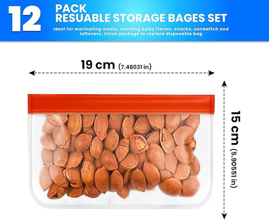12-Pack Reusable Food Storage Bags (Small & Snack Size 7x5) – Leakproof, Eco-Friendly Ziplock Bags for Meal Prep, Travel, Freezer Storage, and Kitchen Organization – Durable & BPA-Free