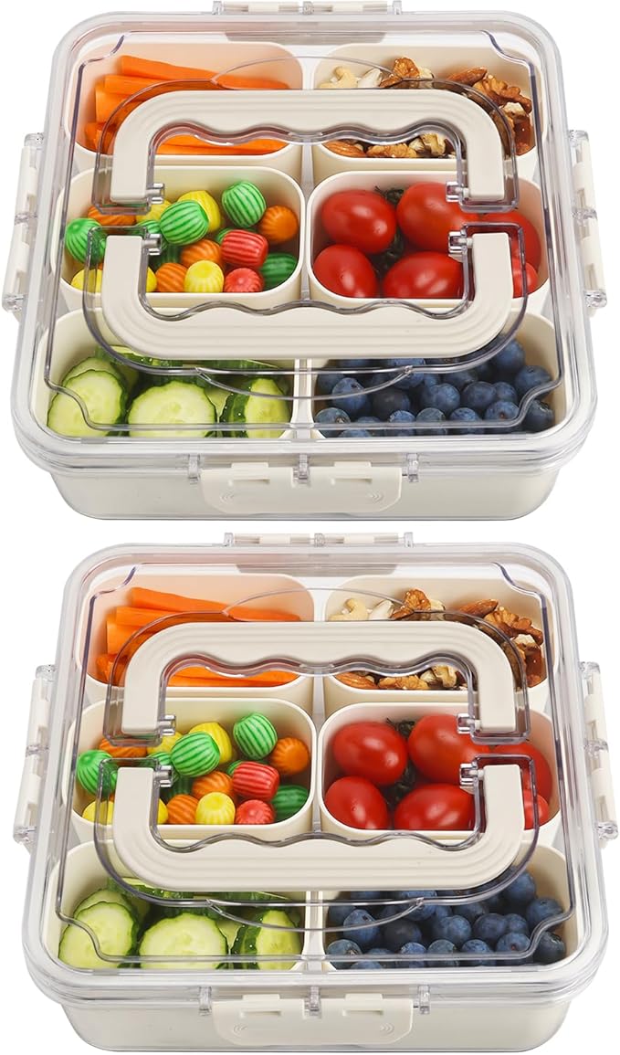 Divided Serving Tray with Lid and Handle, Portable Snack Box Container, 6 Compartments Veggie Fruit Snackle Tray, Charcuterie Platter Box Container for Party, Nuts, Snacks, Entertaining, Picnic,2 Pack