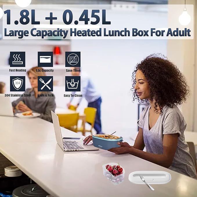 120W 12V/24V/110V/220V Electric Lunch Box for Adults | 1.8L+0.45L Dual-Lid Hot Lunch Box For Adults, with Spoon, Fork & Insulated Bag