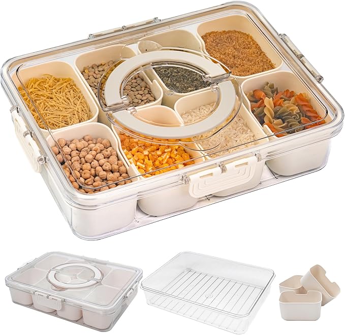 Divided tray with lid and handle, square food storage with 8 compartments, clear organizer for candies, fruits, nuts, and snacks. Perfect for parties and entertainment., Ivory White