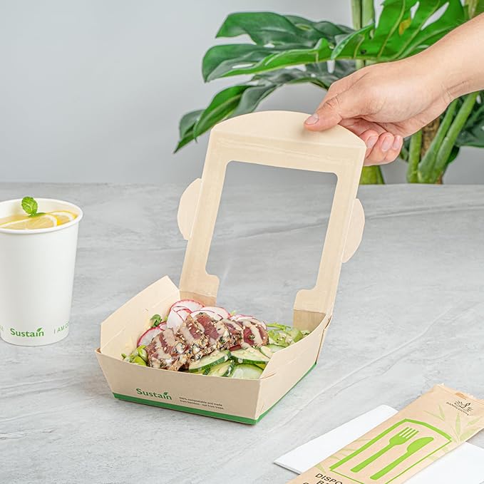 Restaurantware-Sustain 26 Ounce Sturdy Paper Take Out Boxes, 50 Disposable Take Out Food Containers - With PLA lining, Clear PLA Window, Bamboo Paper Containers, Compostable, Tab-Lock Design