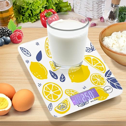 Food Scale Kitchen Digital Scale Food Ounces and Grams Dieting Baking Cooking Waterproof Glass Panels LCD Display,4 Units Scale Tare Function Lemon