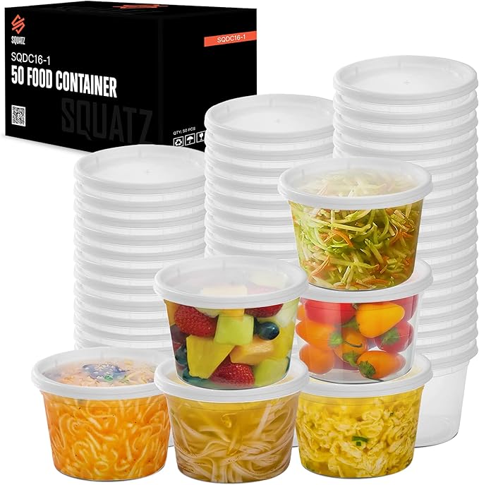 SQUATZ 50 Microwavable Food Container - 16oz Translucent Meal Box Storage with Lids, Ideal for Storing Soups, Condiments, Sauces, Dressing, Salads, Fruit, Baby Food, Healthy Snacks, and Leftovers