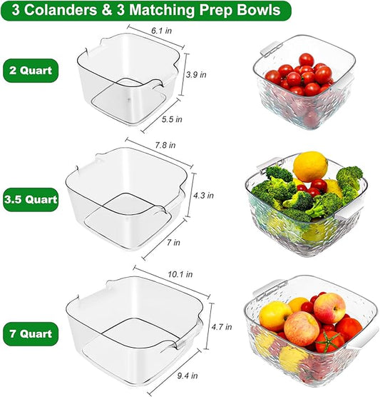 Taiuloo 6-Piece Colander Strainer Bowl Set, BPA-Free Plastic Fruit & Vegetable Washing Basket, Kitchen Colanders & Mixing Bowls for Pasta Berry Salad, 2/3.5/7QT