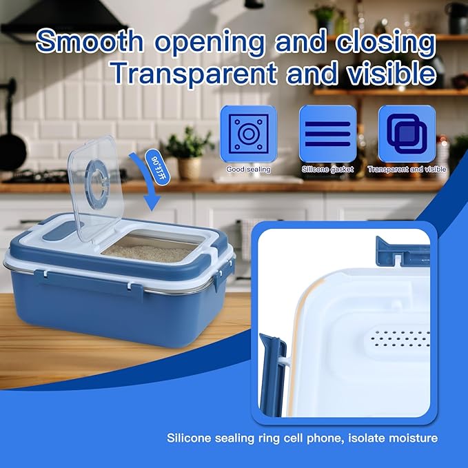 PENCK 15lbs Airtight Rice Storage Container Stainless Steel Flour Sugar Dispenser Food Box Holder Grain Cereal Bin with Measuring Cup for Kitchen Pantry Countertop, Blue