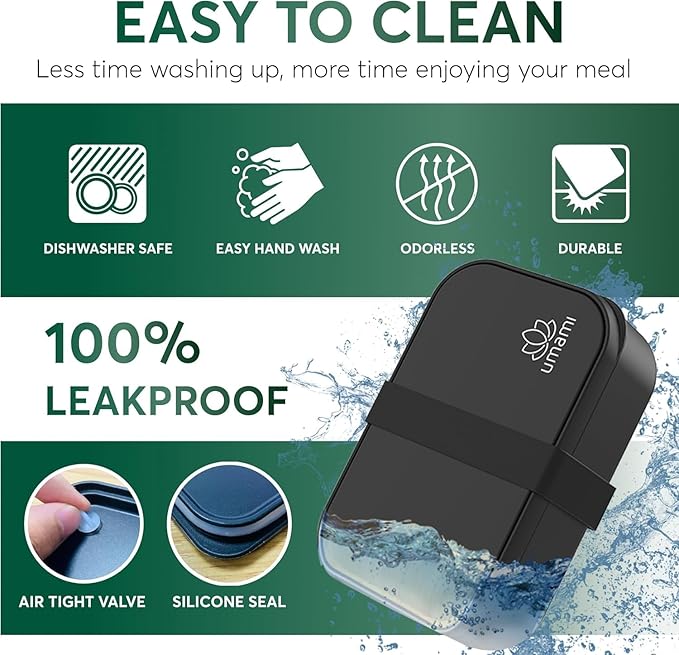 Umami Bento Box Adult All-in-1 w/ 4 Utensils, 100% Leakproof, Dishwasher & Microwave Safe Lunch Containers for Adults w/ 4 Compartments, Black, 34 oz