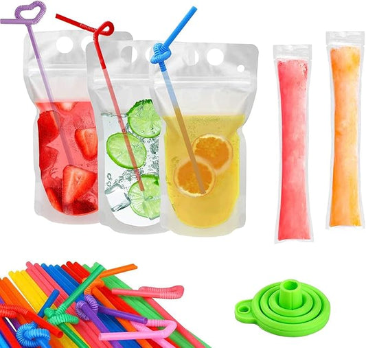 100 Pcs Drink Pouches with 100 Straws, Juice Pouches with 30Pcs Disposable Freezable Ice Popsicle Mold Bags, Drink Pouches for Adults and Kids, Clear Pouch for Cold & Hot Drinks (100Pcs)