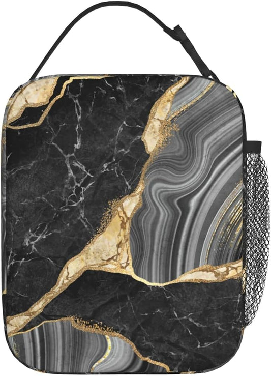 YETTA YANG Marble Black And White Gold Portable Lunch Bag Insulated Lunch Box Reusable Totes For Women Men Work Picnic Camping