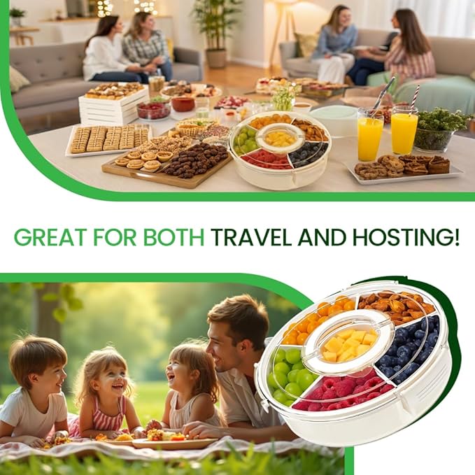 Divided Serving Tray with Lid & Handles for Snacks - Portable Round Snackle Box Container with 6 Compartments - 12" Charcuterie Board for Hosting & Party - BPA-Free & Freezer Safe Veggie Tray