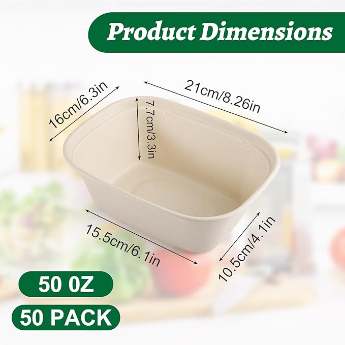 50 Pack 50 OZ Large Paper Bowls with Lids,Heavy Duty Disposable Bowls Bulk,Compostable Paper Take Out Food Containers for Hot/Cold Use,Leakproof,Microwave Safe