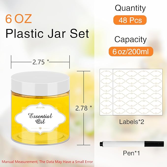 Plastic Jars 6 OZ, 48 Pcs Plastic Jars with Lids Round Wide Mouth Slime Containers with White Lids Empty Small Storage Jar for Travel, Home Kitchen Food, Arts Crafts