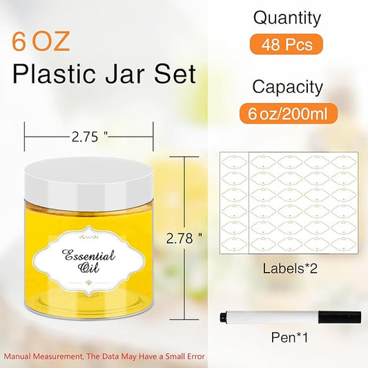 Plastic Jars 6 OZ, 48 Pcs Plastic Jars with Lids Round Wide Mouth Slime Containers with White Lids Empty Small Storage Jar for Travel, Home Kitchen Food, Arts Crafts