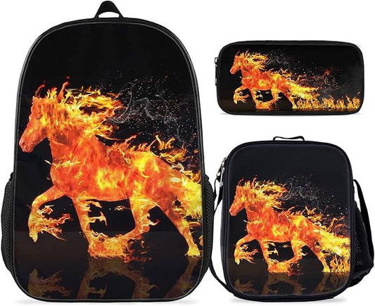 Horse Backpack Bundle 3 Pieces - Flame Horse Backpacks for Teens, Boys & Girls Includes Bookbags, Insulated Lunch Bag & Pencil Case - Perfect for School & Everyday Use
