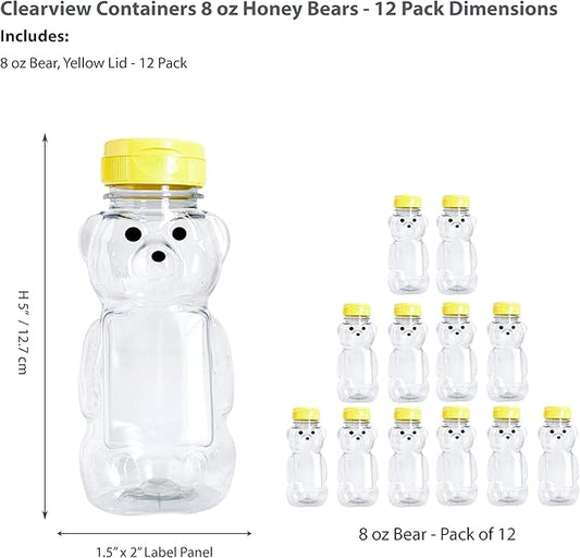 12 Pack of 8 Ounce Honey Bears with Sealable Yellow Flip Top Lids (8 oz. Bear, 12pk, Yellow)