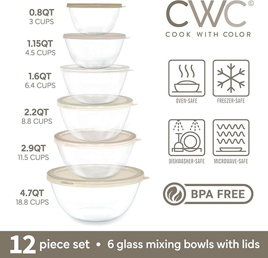 COOK WITH COLOR 12 Pc Glass Mixing Bowl Set with Lids – Borosilicate Glass Nesting Bowls for Cooking, Baking and Meal Prep, Brown
