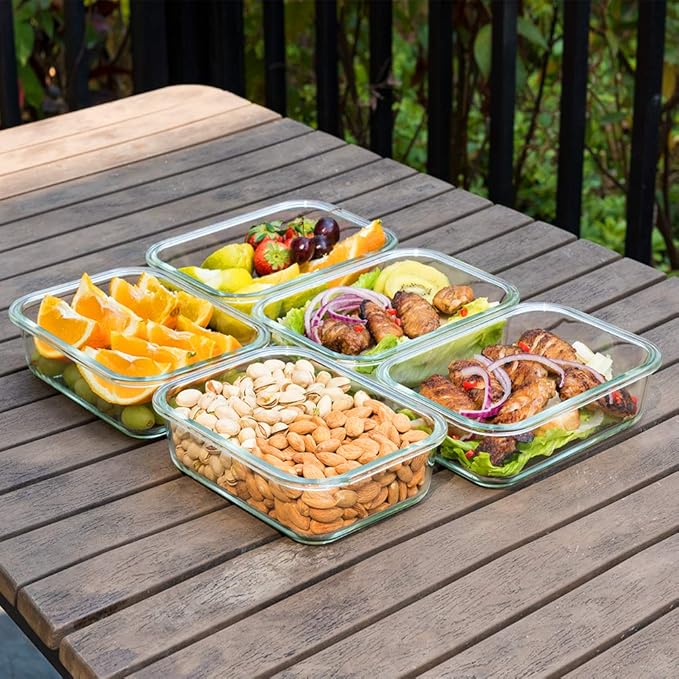 Bayco Large Glass Meal Prep Containers, [5 Pack, 36oz | 4.5cups] Glass Food Storage Containers with Lids, Airtight Glass Bento Boxes, BPA Free & Leak Proof (5 lids & 5 Containers)