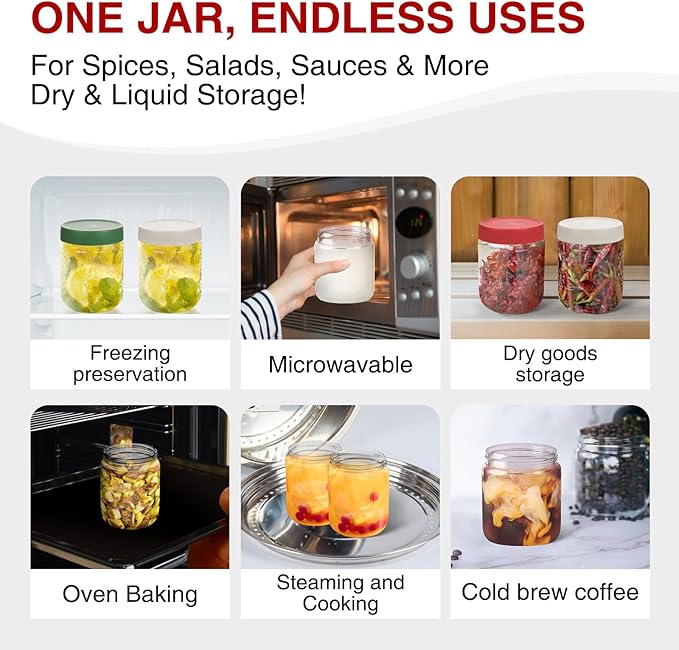16oz Borosilicate Glass Jars with Lids - Freezer to Oven Safe (-4°F to 446°F), Airtight Meal Prep Containers for Overnight Oats, Snacks, Coffee，Microwave & Dishwasher Safe (4pack)