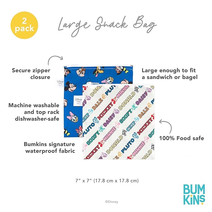 Bumkins Disney Reusable Sandwich and Snack Bags, for Kids School Lunch and for Adults Portion, Washable Fabric, Waterproof Cloth Zip Bag, Travel Pouch, Food-Safe Storage, Large 2-pk Mickey and Friends